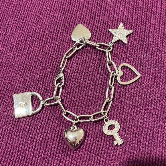 Charm Bracelet with Hearts, Rhinestone Star and Lock and Key in Silver-Tone - Picture 3 of 8